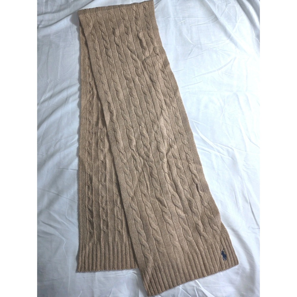 Polo Ralph Lauren Cashmere Wool Scarf Cable Knit Beige w/ Blue Pony NWOT